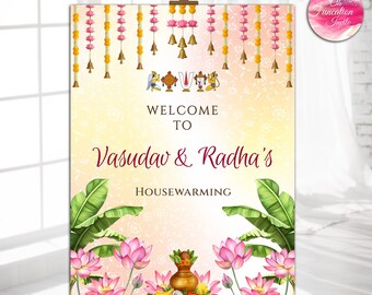 Indian Housewarming Welcome Sig,Editable Printable Template,Custom Name Printable,Kalash, Lotus &Marigold Hanging Design,Floral Indian Theme