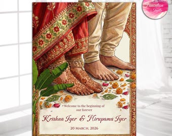 Indian Wedding Welcome Sign Printable, Hindu Wedding Poster, Bride Groom Feet Illustration, Custom NamesDate, Hindu Wedding Printable Poster
