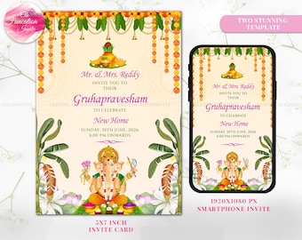 Pooja invite & South Indian Housewarming invitation, Gruhapravesam invitation as Griha pravesh invite, Indian House warming invite