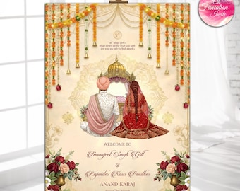 Sikh Wedding Welcome Sign Printable, Anand Karaj Welcome Poster, Punjabi Wedding, Custom Couple Illustration, Anand Karaj wedding entrance