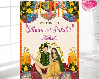 Personalized Mehndi Welcome Sign, Indian Wedding Decor, Custom Couple Name, Mehndi Ceremony Sign