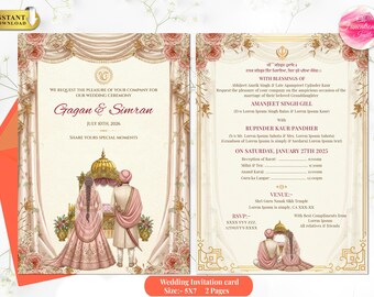 Sikh Wedding Invite Template | Punjabi Anand Karaj Invitation | Indian Wedding Card Editable | Digital Download