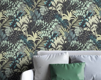 NEWROOM Wallpaper Black Non-woven Wallpaper Jungle - Jungle Wallpaper Floral Green Flowers Leaves Floral Wallpaper Tropical Pattern Wallpaper