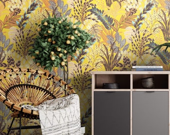 NEWROOM Wallpaper Yellow Non-woven Wallpaper Jungle - Jungle Wallpaper Floral Brown Ochre Flowers Leaves Floral Wallpaper Tropical Pattern Wallpaper