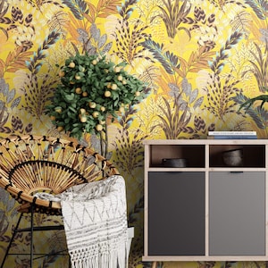 NEWROOM Carta da parati giallo carta da parati non tessuta Jungle - Jungle Wallpaper Floreale Marrone Ocra Fiori Foglie Carta da parati floreale Carta da parati Tropical Pattern Wallpaper