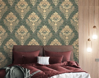 NEWROOM Wallpaper Green Non-woven Wallpaper Ornament - Baroque Wallpaper Baroque Beige Gold Pomp Glamour