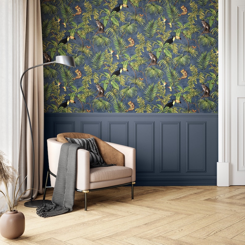 NEWROOM Wallpaper Modern Flowers Jungle Green Fleece Wallpaper Blue Fleece Modern Pattern Wallpaper Floral Wallpaper Floral image 4