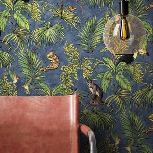 NEWROOM Wallpaper Modern Flowers Jungle Green Fleece Wallpaper Blue Fleece Modern Pattern Wallpaper Floral Wallpaper Floral image 3