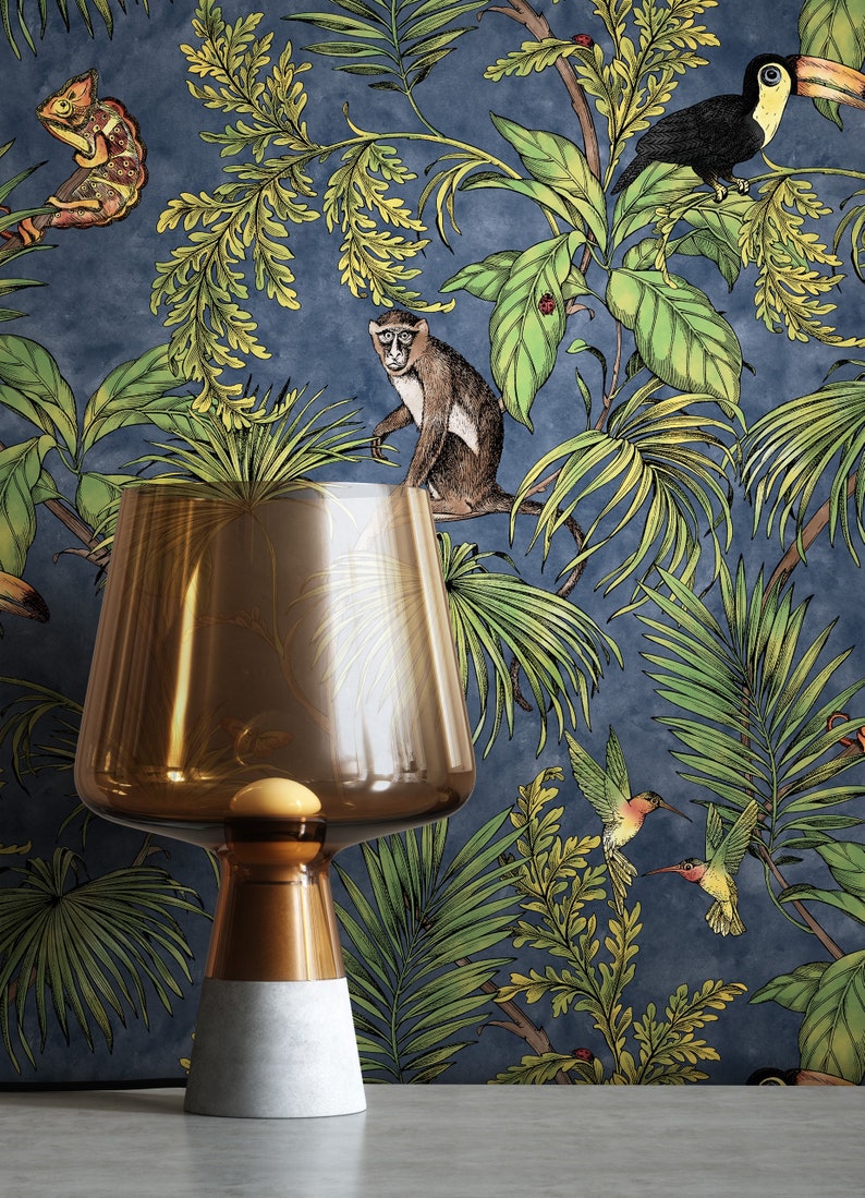 NEWROOM Wallpaper Modern Flowers Jungle Green Fleece Wallpaper Blue Fleece Modern Pattern Wallpaper Floral Wallpaper Floral image 1