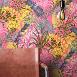 NEWROOM Wallpaper Pink Non-woven Wallpaper Jungle - Jungle Wallpaper Floral Yellow Blue Flowers Leaves Floral Wallpaper Tropical Pattern Wallpaper