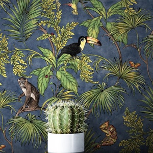 NEWROOM Wallpaper Modern Flowers Jungle Green Fleece Wallpaper Blue Fleece Modern Pattern Wallpaper Floral Wallpaper Floral image 2