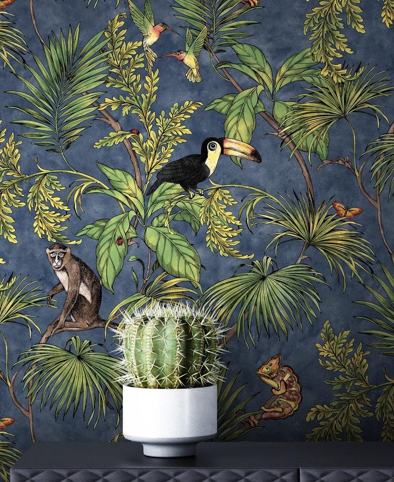 NEWROOM Wallpaper Modern Flowers Jungle Green Fleece Wallpaper Blue Fleece Modern Pattern Wallpaper Floral Wallpaper Floral image 2