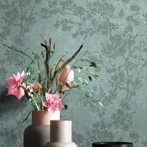 NEWROOM Wallpaper Green Non-woven Wallpaper Flowers - Floral Floral White Dark Green Leaves Flowers Pattern Wallpaper Modern Nature