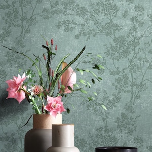 NEWROOM Wallpaper Green Non-woven Wallpaper Flowers - Floral Floral White Dark Green Leaves Flowers Pattern Wallpaper Modern Nature