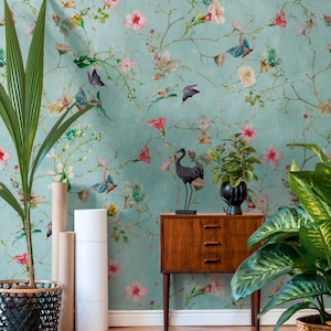 NEWROOM Vliestapete [ 2,8 x 1,59m ] nahtlos große Flächen möglich - Fototapete Blumen Blätter Schmetterlinge Made in Germany