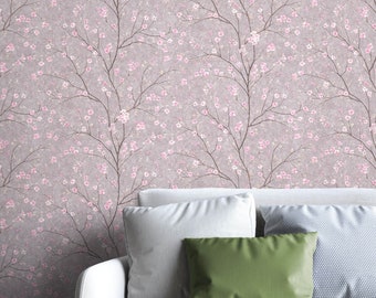 NEWROOM Wallpaper Grey Non-woven Wallpaper Flowers - Floral Pink Cherry Blossom Trees Leaves Tropical