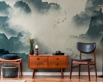 NEWROOM non-woven wallpaper [2.8 x 3.71 m] seamlessly large areas possible - photo wallpaper mountains birds fog Made in Germany