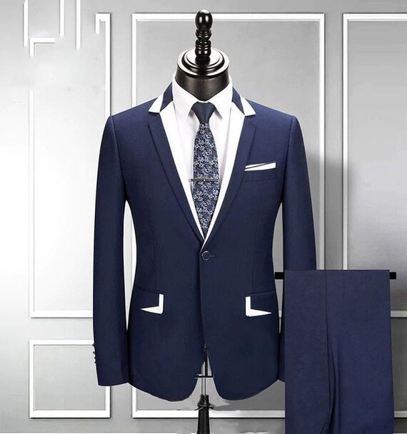 Men Wedding Navy Blue 3 Piece Suit Designer Formal Fashion Etsy