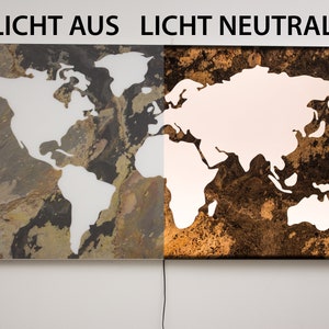 Wandbild Weltkarte Rustique I Echtstein I Maß 120 x 61cm I Mit warmweiß - kaltweiß Beleuchtung I TipTa Light