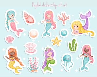 Mermaid/ Under the Sea Watercolour Clip Art/Sticker Set- Aesthetic -PNG - Card Making - Scrapbooking- Planner- Cricut- Silhouette