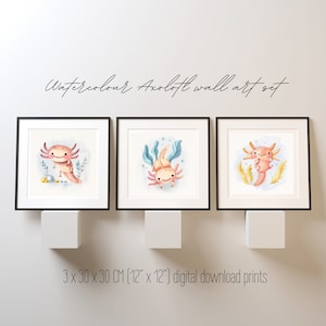 Printable Watercolour Cute Axolotl Wall Art Set- Digital Download