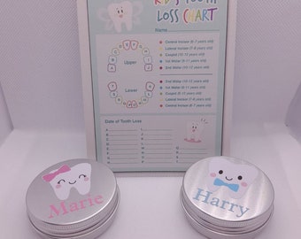 Personalised Mini Tooth Fairy Tin & Tooth Chart - Keepsake Tin - Girls or Boys - Tooth Fairy Exchange