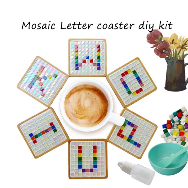 Craft kit for Adults,Mosaic coaster kit DIY,Custom Initials Coasters gift,Coloured glass kit,Stained glass kit for kid,Birthday gift