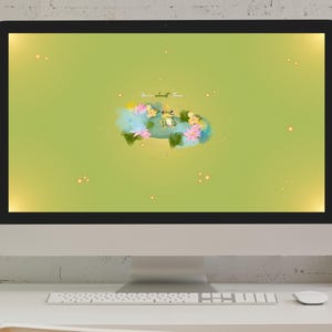 May include: A computer monitor displaying a green background with a cartoon image of three frogs sitting on lily pads in a pond. The text "Peace about them" is displayed on the screen.