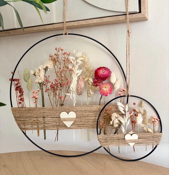 2x Trockenblumenkranz | Geschenkidee | Wandkranz | Fensterdeko | Metallring | Dekoring | Frühling | Trockenblumen | 30 cm + 15 cm