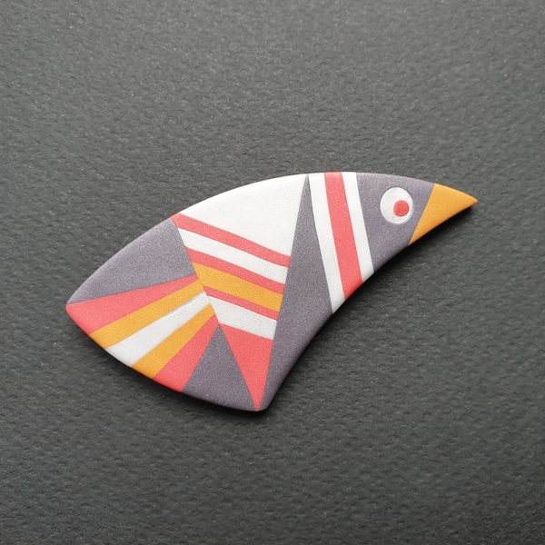 Striped polymer clay bird, Bird Pin Jewellery, Modern Polymer Brooch, Handmade jewellery