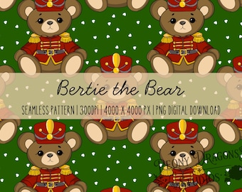 Bertie the Bear Christmas Seamless Pattern | Cute Christmas Teddy Bear Toy Soldier | Festive Digital Paper | 300 DPI PNG