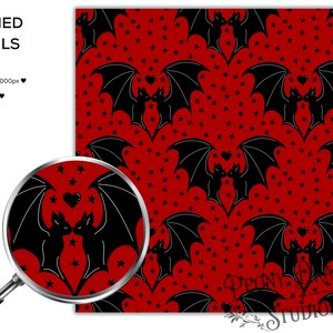 May include: A digital pattern featuring black bats with spread wings facing each other, interspersed with small black hearts and stars on a solid red background. A circular magnifying glass overlay shows a zoomed-in view of the bat and heart motif.