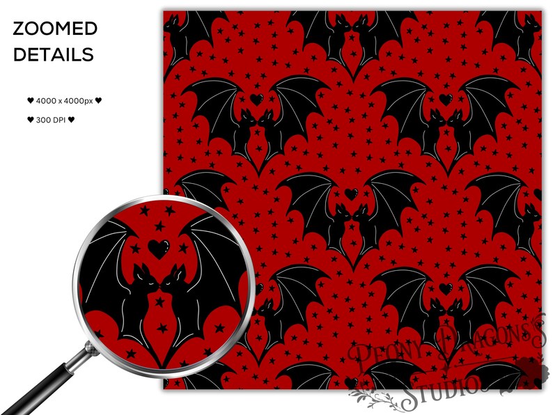 May include: A digital pattern featuring black bats with spread wings facing each other, interspersed with small black hearts and stars on a solid red background. A circular magnifying glass overlay shows a zoomed-in view of the bat and heart motif.