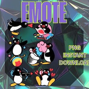 Puede incluir: Una colección de emoticonos de pingüinos de dibujos animados en varias poses, incluyendo uno con un corazón, otro con arco y flecha, y uno con el corazón roto. La palabra "EMOTE" se muestra en letras moradas grandes, con "PNG INSTANT DOWNLOAD" en verde.