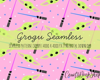 Grogu Seamless Pattern PNG | Cute Space Baby Alien Digital Paper | Pink Galaxy Print | 4000x4000 Sublimation Design | Instant Download