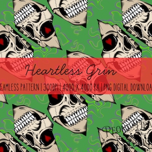 Peut inclure: Un motif numérique répétitif représentant des crânes avec des orbites en forme de cœur rouge sur un fond vert. L'image contient le texte Heartless Grin, SEAMLESS PATTERN, 300DPI, 4000 X 4000 PX et PNG DIGITAL DOWNLOAD.