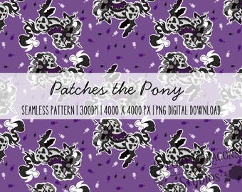 Patches the Pony Seamless Pattern PNG | Cute Horse Digital Paper | Purple Pony Pattern | 4000x4000 PNG | Instant Download