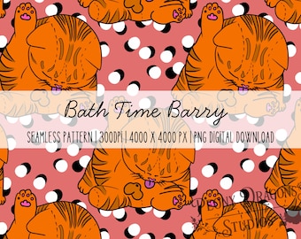 Bath Time Barry Seamless Pattern PNG | Funny Orange Cat Digital Paper | Cat Grooming Pattern | Cat Seamless | 4000x4000 | Instant Download