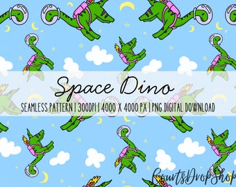 Space Dino Astronaut Seamless Pattern | Kawaii Dino Digital Paper (Download)