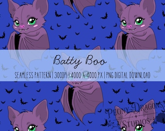 Batty Boo Seamless Pattern PNG | Cute Bat Digital Paper | Halloween Seamless Pattern | Kawaii Bat PNG | 4000x4000 | Instant Download