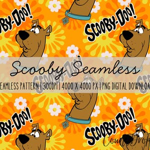 Peut inclure: Motif sans couture avec le visage de Scooby-Doo et le texte "Scooby-Doo!" sur un fond orange avec des fleurs blanches. Les mots "Scooby Seamless" et "Seamless Pattern" sont également visibles. Téléchargement numérique.
