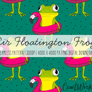 Puede incluir: Patrón sin costuras con ranas de dibujos animados con flotadores de flamenco rosa sobre un fondo verde azulado salpicado de corazones negros. El texto "Sir Floatington Frog" se muestra. Descarga digital.