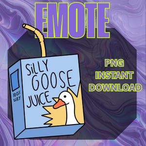 以下が含まれることがあります： アヒルのグラフィックが付いた「Silly Goose Juice」というラベルが付いた青いジュースボックスの漫画イラスト。画像には、紫色の「EMOTE」と「PNG INSTANT DOWNLOAD」というテキストが含まれています。黄色いストローが上から伸びています。