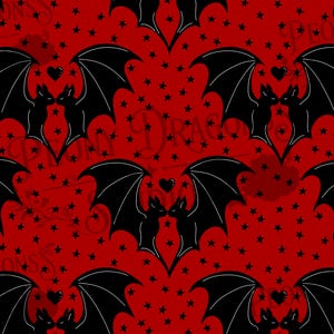 May include: A repeating pattern on a vibrant red background featuring black silhouettes of pairs of bats facing each other with their wings spread. Small black stars and tiny black hearts are scattered throughout the design.