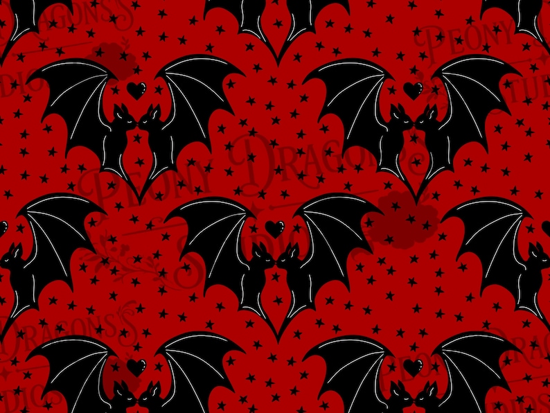 May include: A repeating pattern on a vibrant red background featuring black silhouettes of pairs of bats facing each other with their wings spread. Small black stars and tiny black hearts are scattered throughout the design.