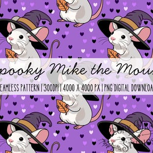 Puede incluir: Un patrón sin costuras con ratones blancos que llevan sombreros de bruja morados y sostienen hojas naranjas sobre un fondo morado con pequeños corazones negros y blancos. El texto dice Spooky Mike the Mouse, SEAMLESS PATTERN, 300DPI, 4000 X 4000 PX, PNG DIGITAL DOWNLOAD.