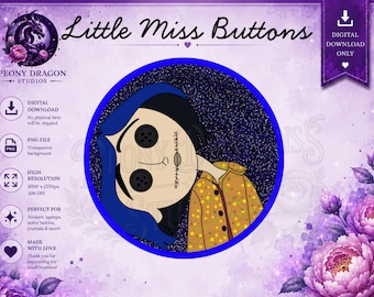 Little Miss Buttons Digital Sticker PNG | Creepy Cute Button Eye Girl | Spooky Gothic Sticker | Printable PNG | Instant Download