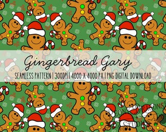Gingerbread Gary Christmas Seamless Pattern | Cute Gingerbread Man & Candy Cane Pattern | Festive Digital Paper | 300 DPI PNG