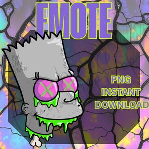 Op de afbeelding: Een digitale afbeelding van een stripfiguur met grijze huid, groen kwijl en roze en groene gekruiste ogen. Het woord "EMOTE" staat in paarse blokletters boven het personage. De tekst hieronder luidt "PNG DIRECTE DOWNLOAD."