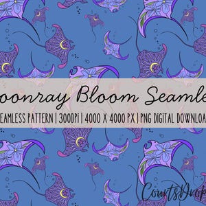 May include: Seamless pattern design featuring stylized manta rays in shades of purple and lavender, with floral and crescent moon details, set against a blue background. The text "Moonray Bloom Seamless" is displayed.